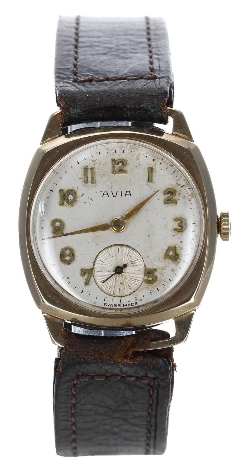 Avia 9ct mid-size cushion cased gentleman's wristwatch, London 1960, circular silvered dial,