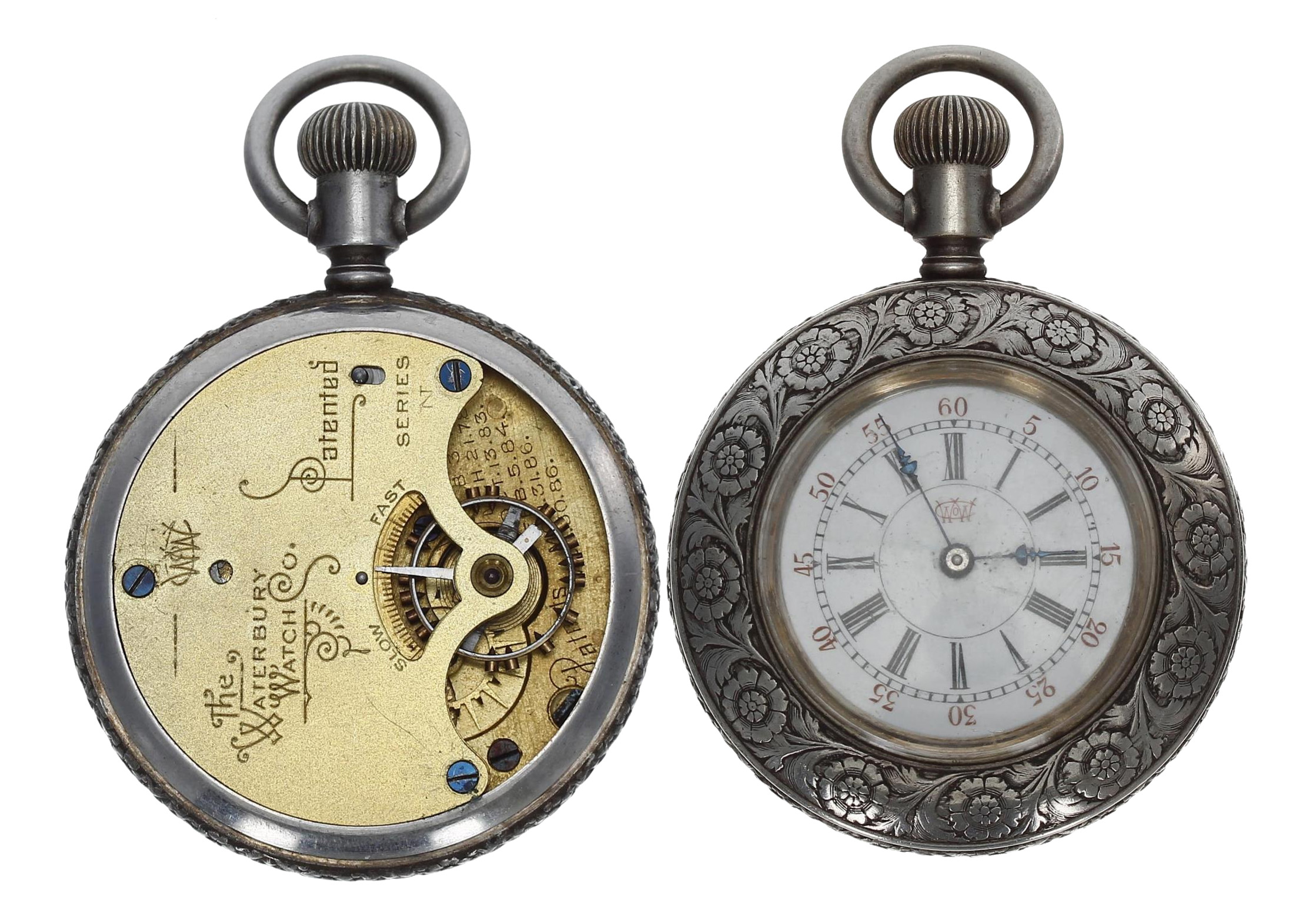 Waterbury Watch Co. Series N duplex white metal fob watch, signed movement, signed Roman numeral