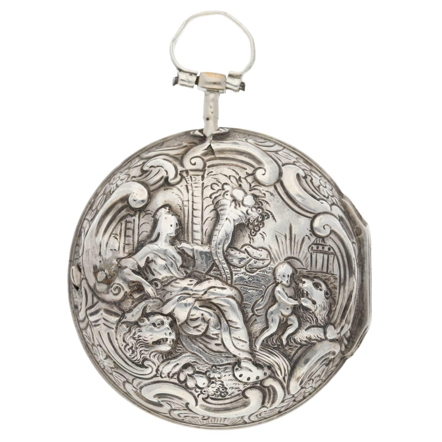 John Wilter, London - George II English silver repoussé pair cased verge pocket watch, London - Image 8 of 10