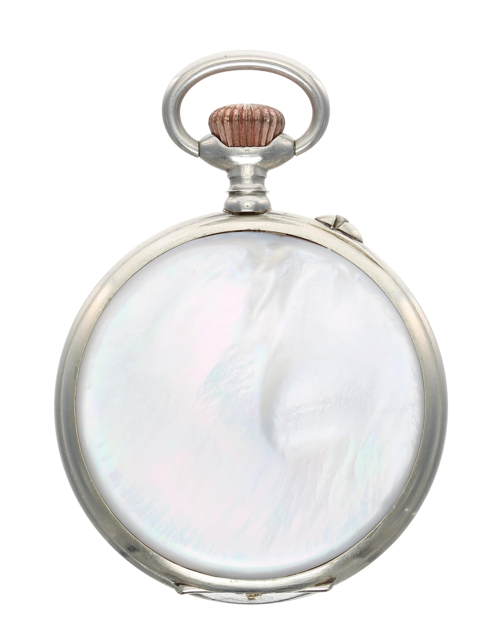 Turkish Market - Swiss Hebdomas type 8 days nickel and mother of pearl cased pocket watch, decorated - Image 4 of 4