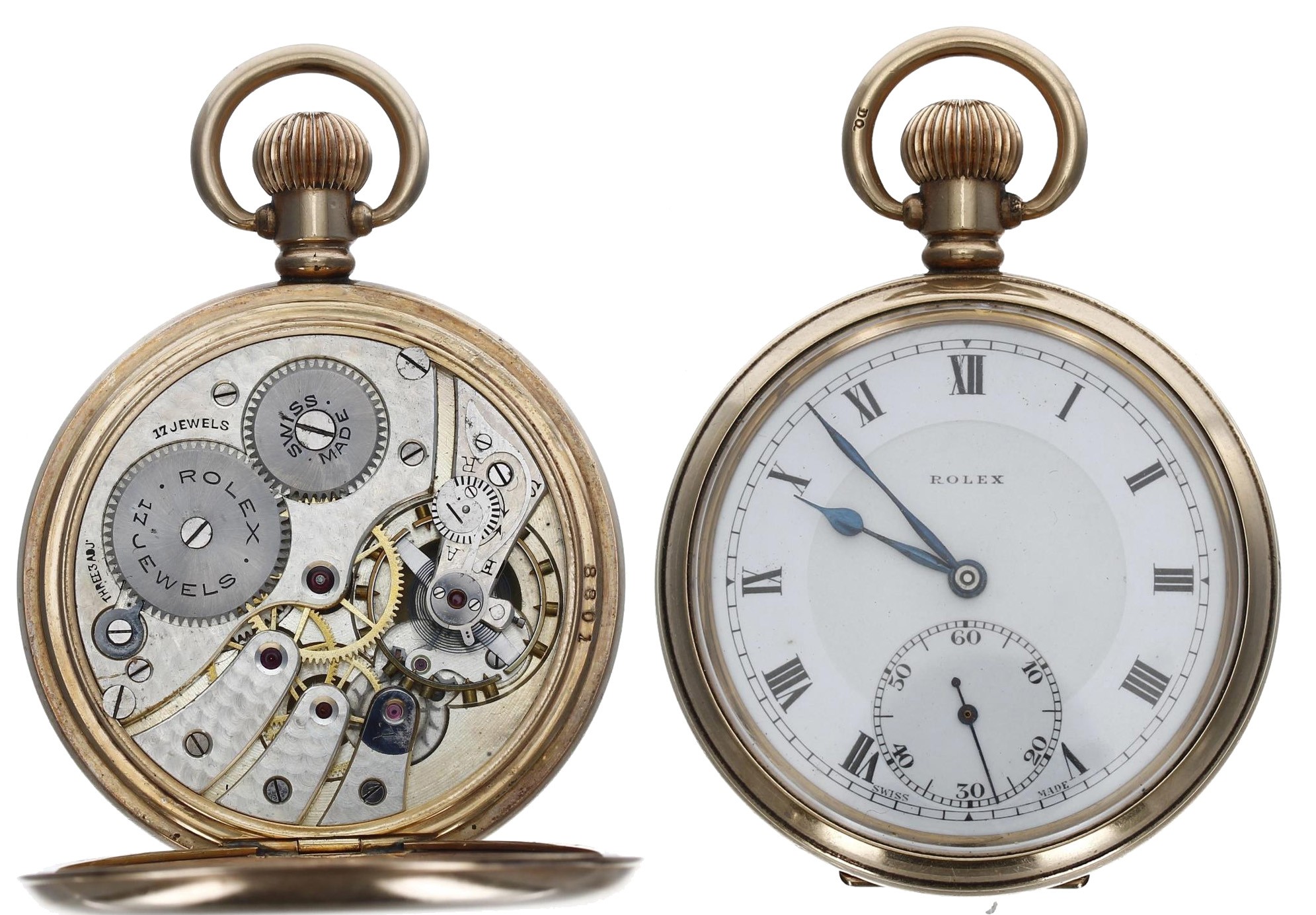 Rolex - Swiss gold plated lever pocket watch, signed 17 jewel three adj. movement, signed dial