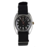 CWC British Military Army issue stainless steel wristwatch, circa 1979, circular black dial with