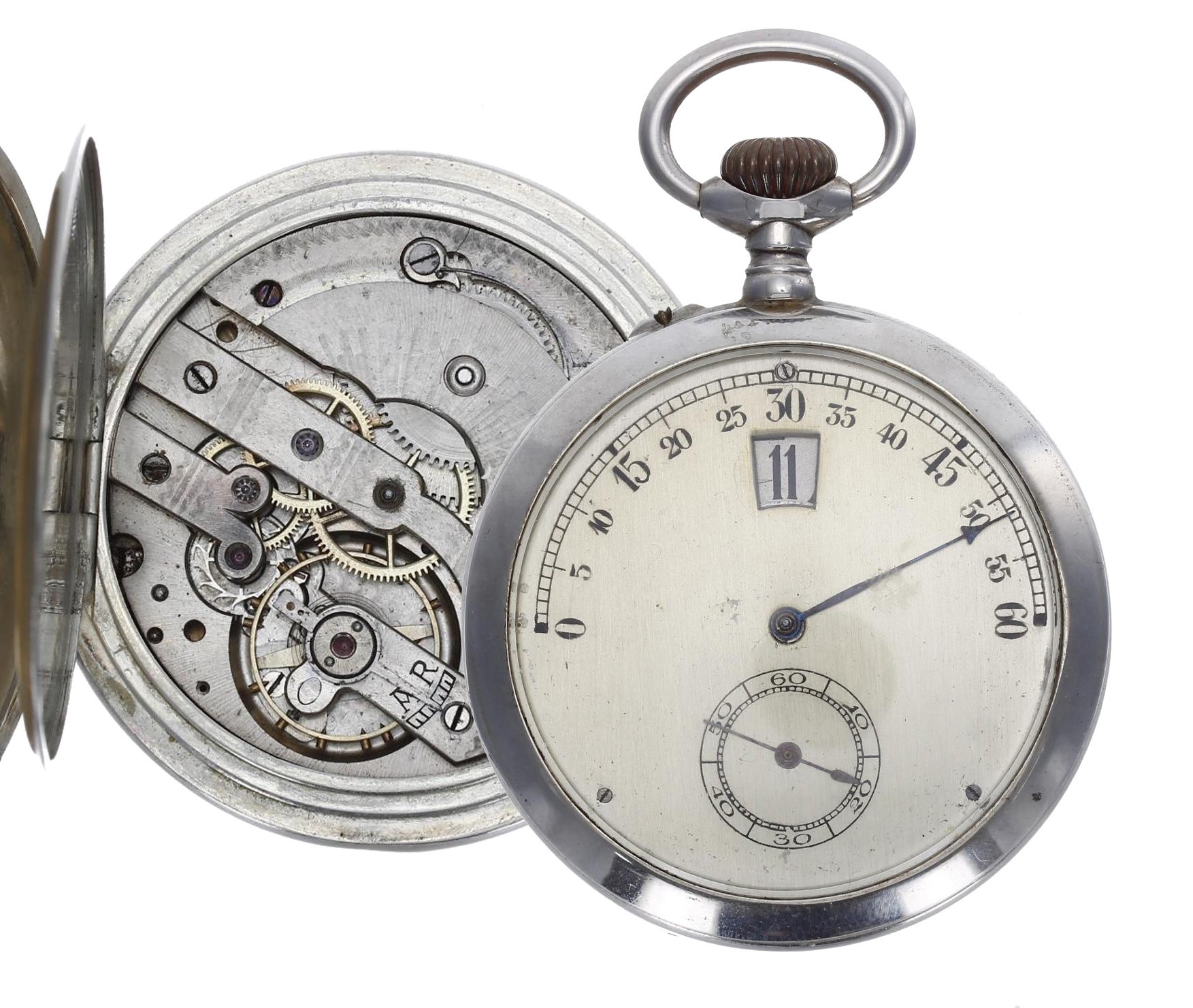 White metal 'Jump Hour' pocket watch with 'Fly Back' minutes, bar lever movement with compensated