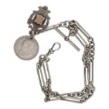 Silver Figaro link double watch Albert chain, with silver T-bar, silver clasp, silver medallion
