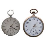 Continental silver (0.800) cylinder pocket watch, hinged metal cuvette, Arabic numeral dial,