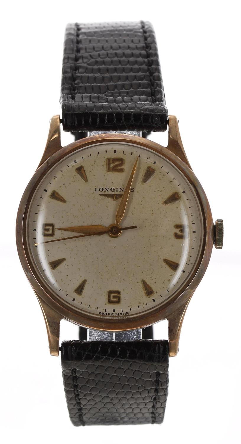 Longines 9ct gentleman's wristwatch, serial no. 6900xxx, circular silvered dial with gilt applied