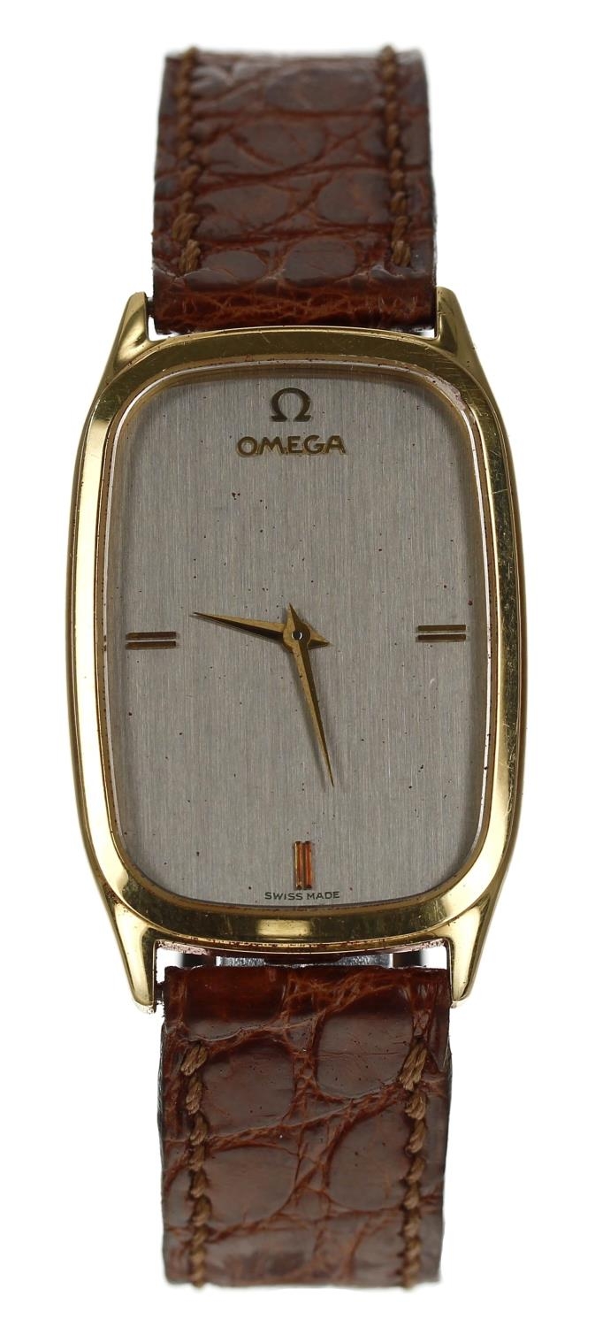 Omega 18ct rectangular mid-size dress wristwatch, rectangular grey dial with gilt markers, cal. - Image 2 of 4