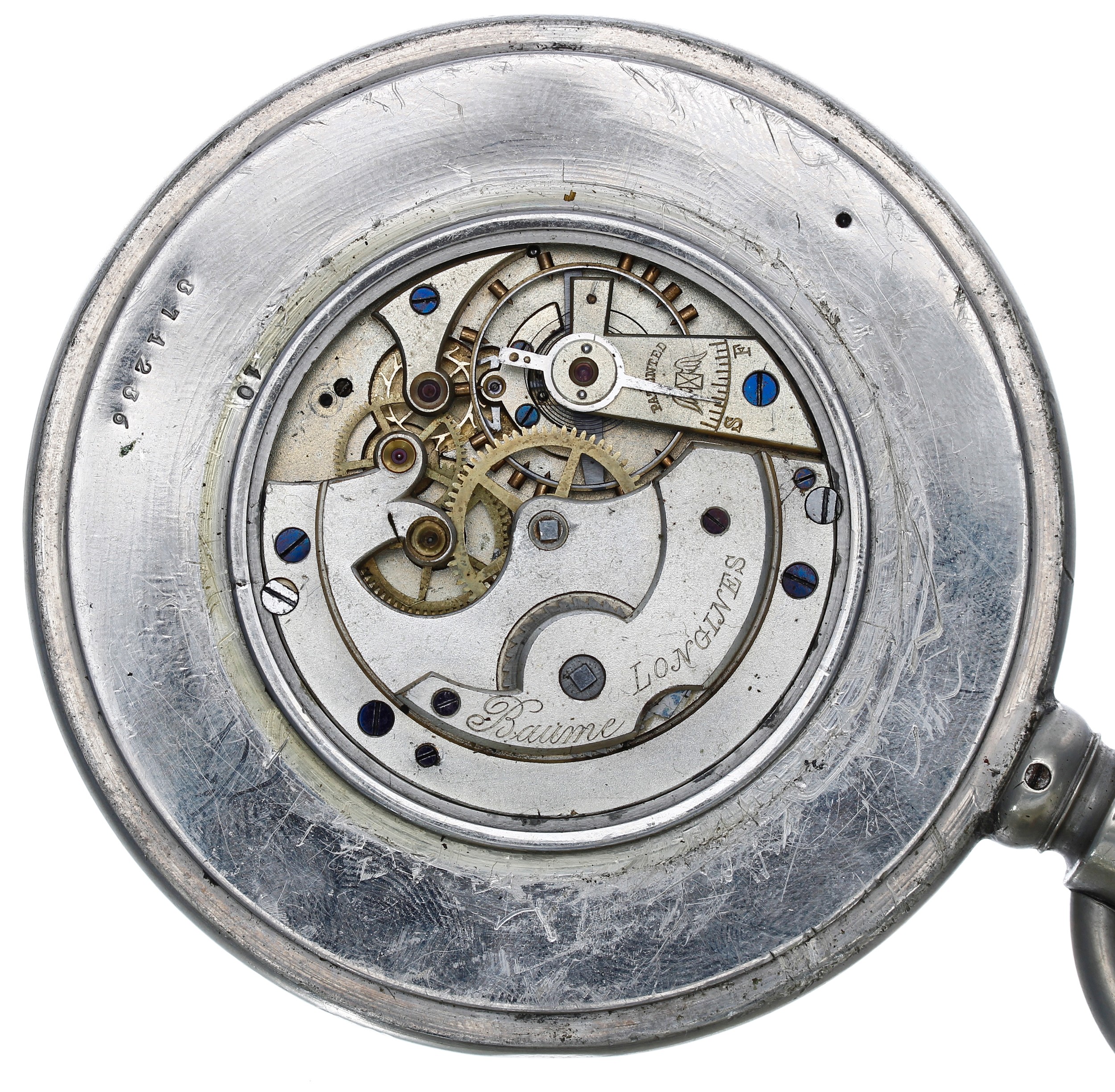 Longines Baume nickel cased Goliath pocket watch, the movement signed Longines Baume with plain - Image 3 of 7