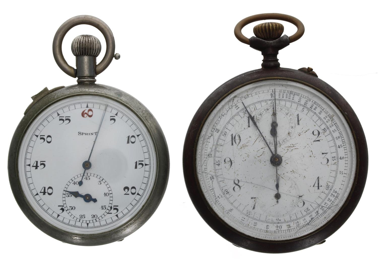 Gunmetal centre seconds chronograph lever pocket watch for repair, 56mm; together with a