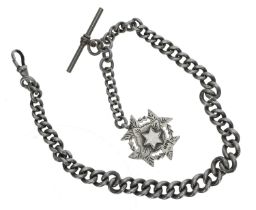 Graduated silver curb link watch Albert chain, with T-bar, end clasp an silver medallion fob, 59.