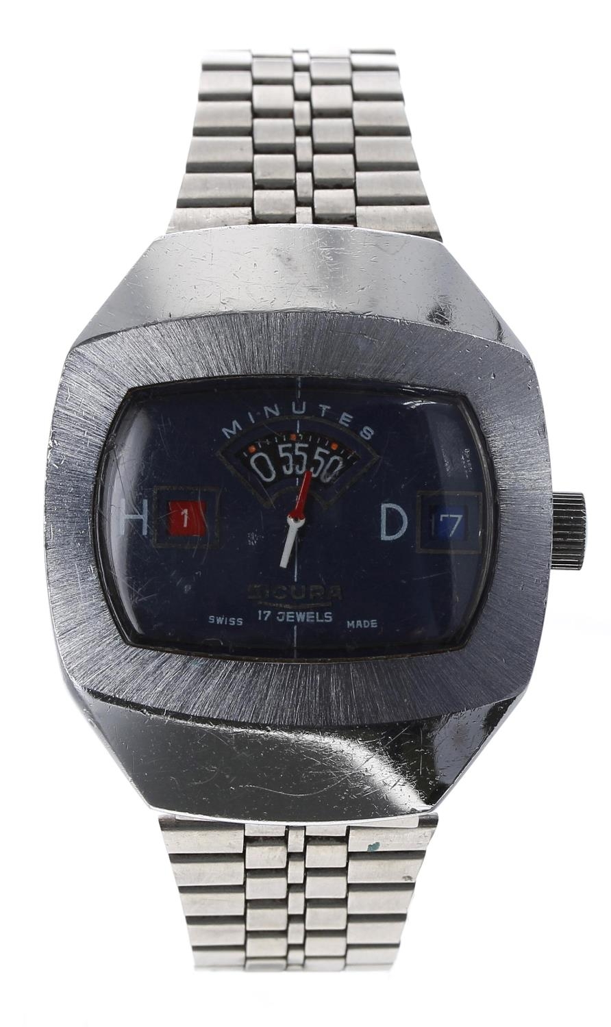 Sicura Digital 'Jump Hour' nickel and stainless steel gentleman's wristwatch, rectangular blue