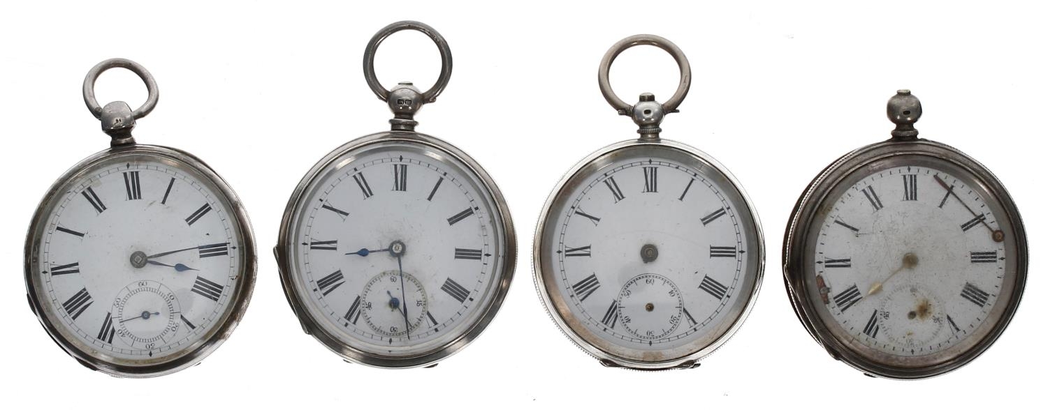 American Waltham silver lever pocket watch for repair; together with three silver cylinder pocket