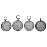 American Waltham silver lever pocket watch for repair; together with three silver cylinder pocket