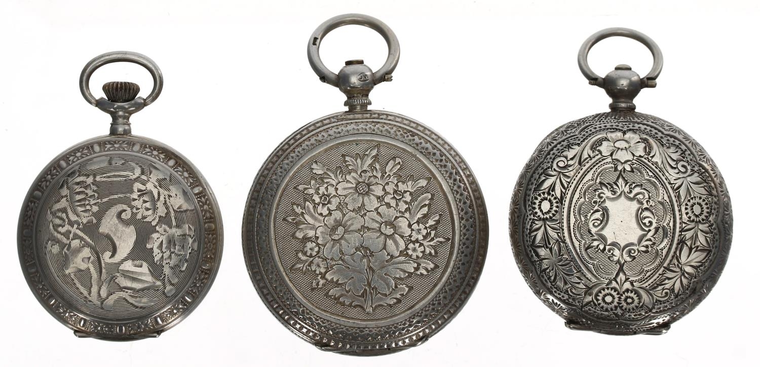 Silver (0.800) Lady Ann cylinder engraved fob watch, 33mm; together with a silver cylinder floral - Image 2 of 2