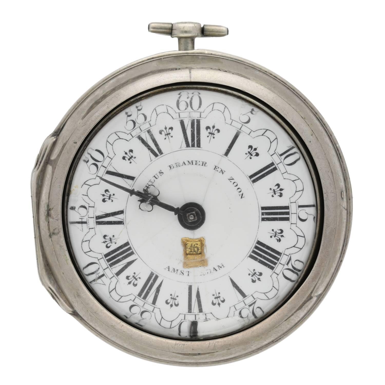 Paulus Bramer En Zoom, Amsterdam - Dutch 18th century silver pair cased verge calendar pocket watch, - Image 2 of 10