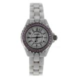 Chanel J12 white ceramic and stainless steel lady's wristwatch, pink sapphire bezel, white dial,