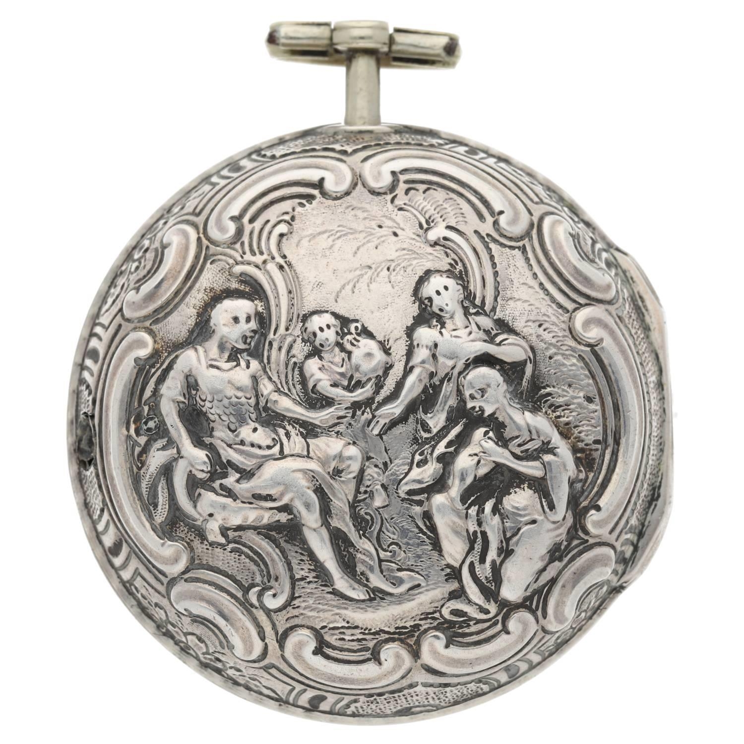 Samson, London - George III English silver repoussé pair cased verge pocket watch, London 1785, - Image 8 of 10