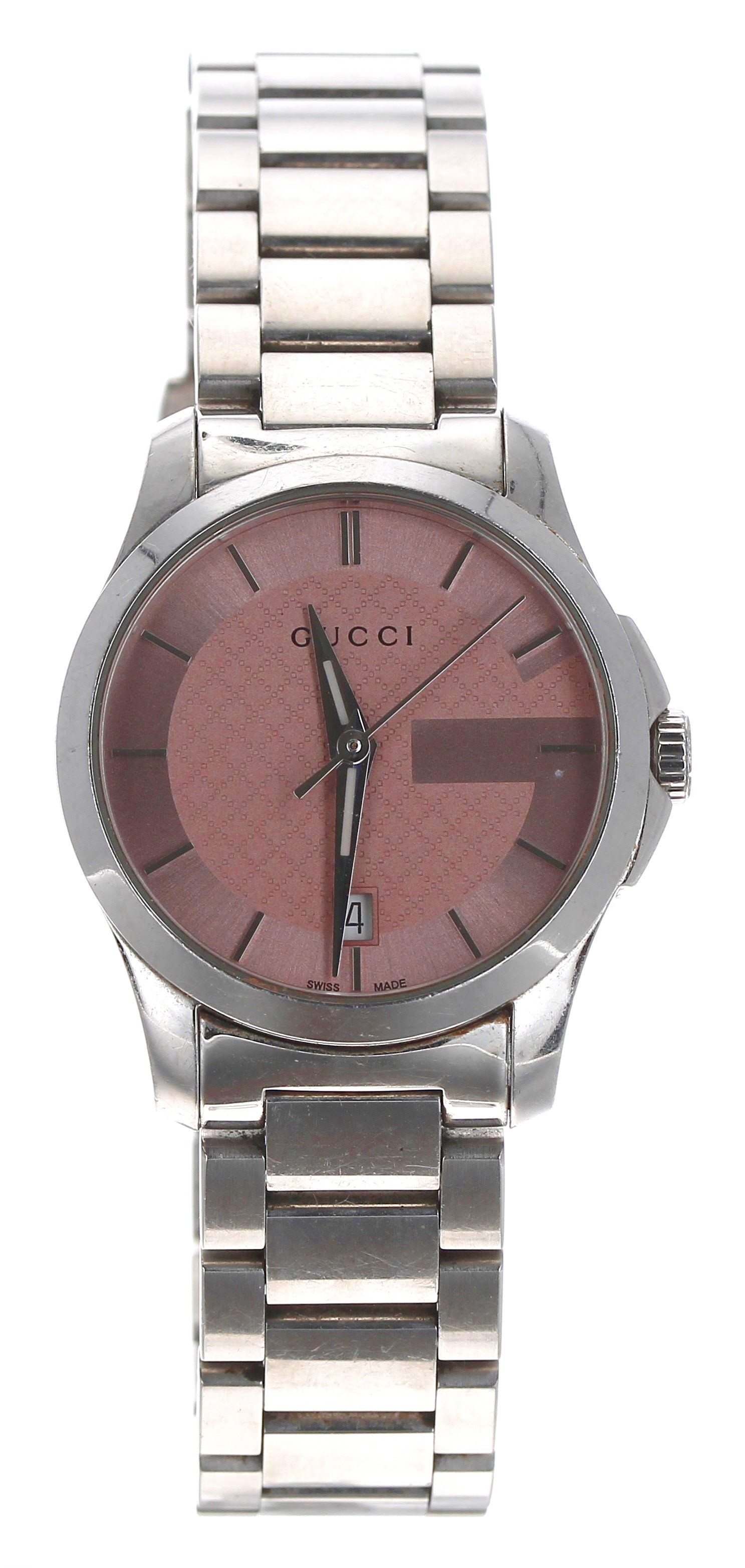 Gucci G-Timeless stainless steel lady's wristwatch, reference no. 126.5, salmon dial, quartz,