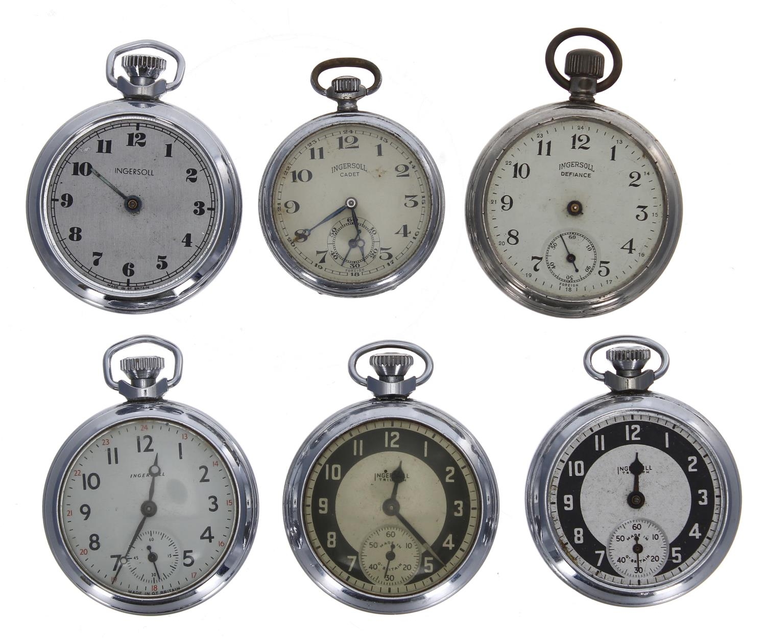 Six Ingersoll chrome cased pocket watches to include two Ingersoll Triumph, Ingersoll Defiance and