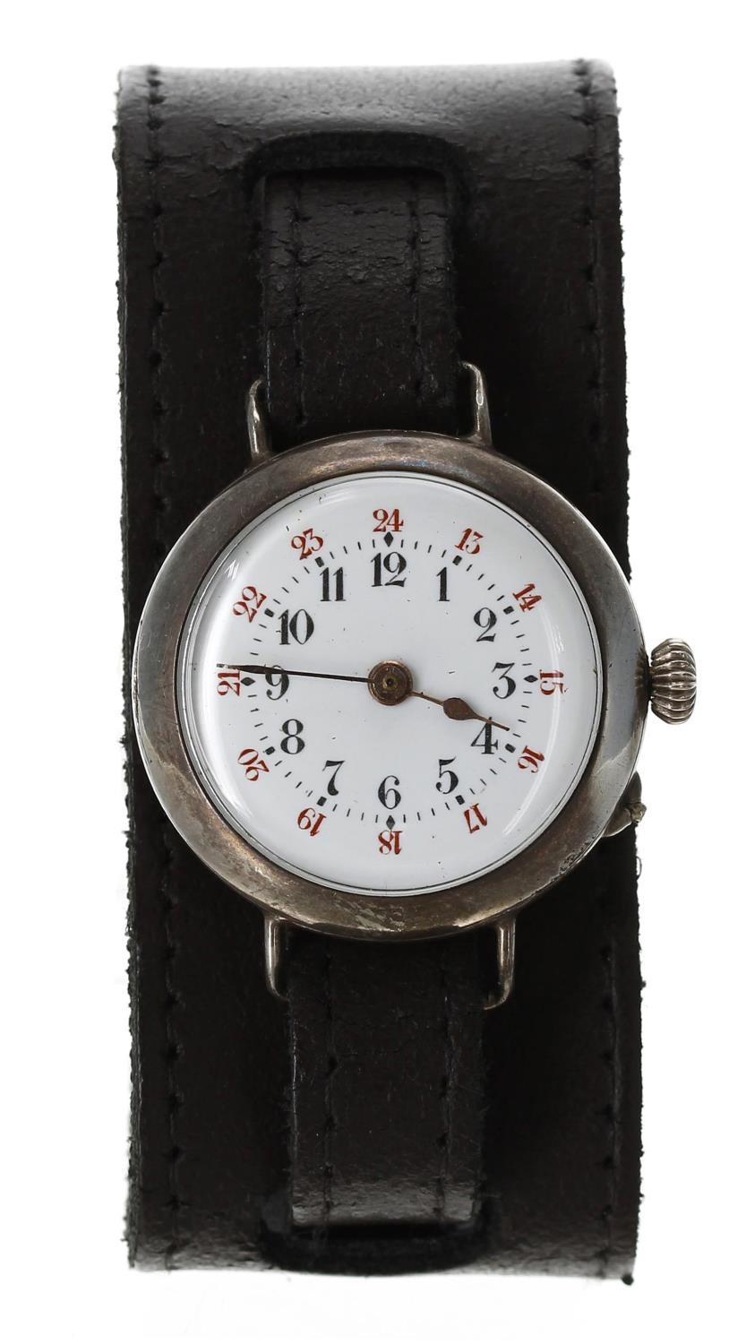 French silver wire-lug cylinder wristwatch, case no. 142801, circular enamel dial with Arabic