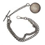 Silver hallmarked curb link watch Albert chain, with T-bar, circular medallion fob and swivel end-