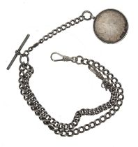 Silver hallmarked curb link watch Albert chain, with T-bar, circular medallion fob and swivel end-