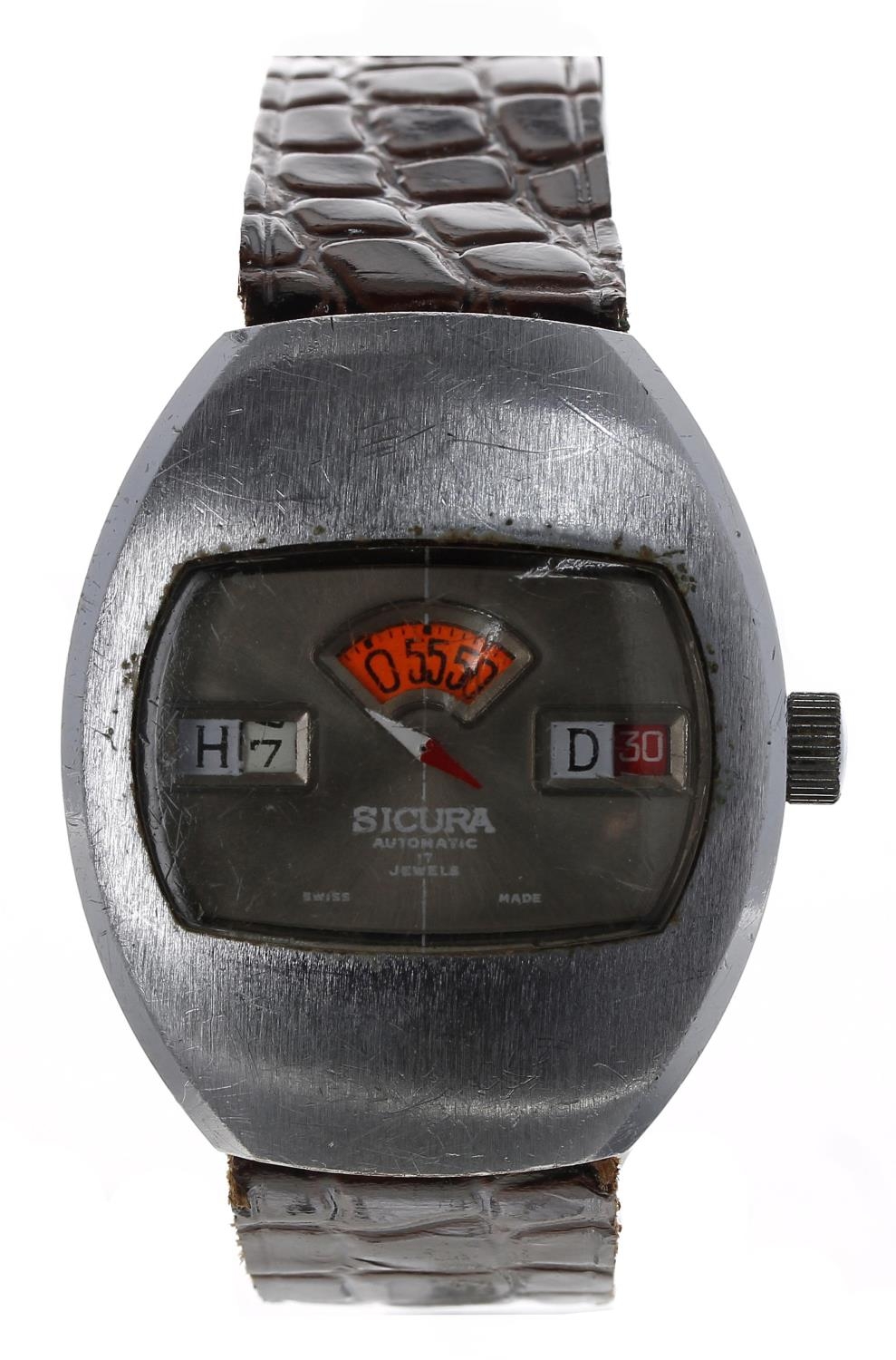 Sicura Digital 'Jump Hour' nickel and stainless steel gentleman's wristwatch, rectangular silvered