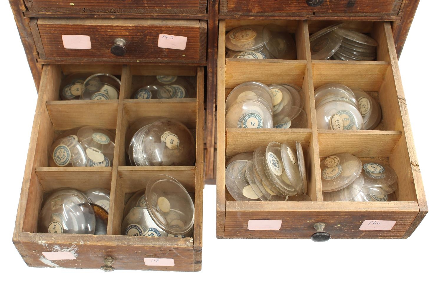 Twelve drawer wooden chest containing a quantity of assorted watch glasses of various sizes, 27. - Image 3 of 9