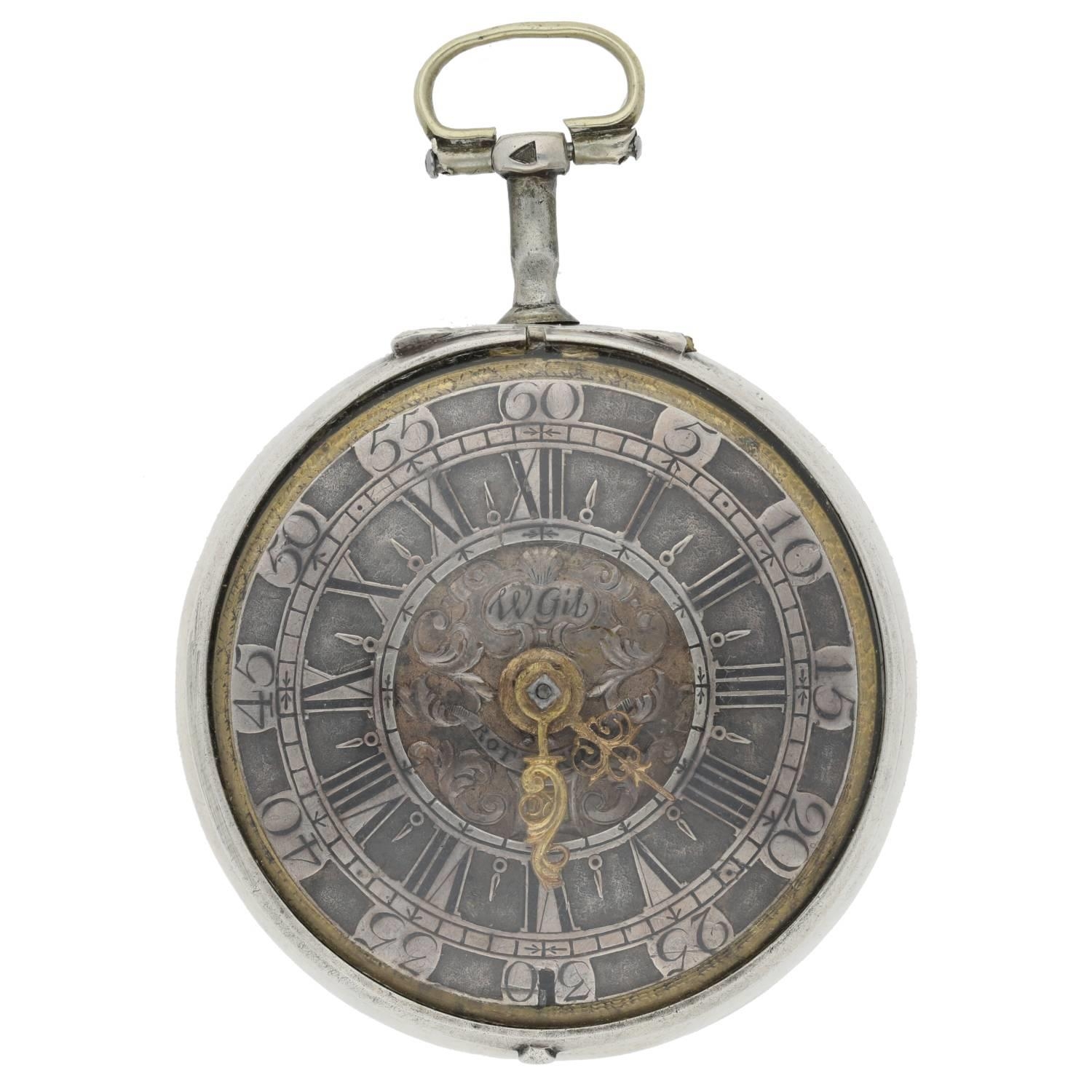 William Gib, Rotterdam -  Dutch early 18th century silver pair cased verge calendar pocket watch, - Bild 3 aus 11