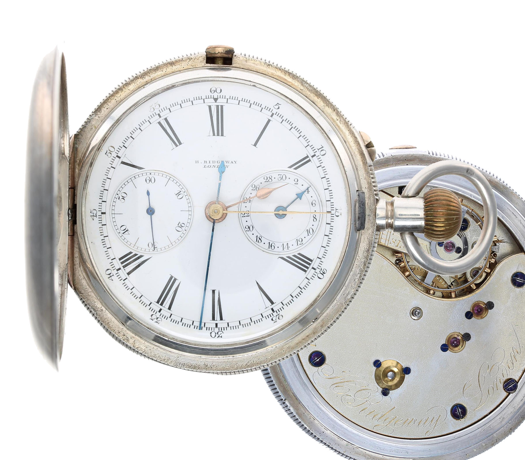 H. Ridgeway, London - Victorian silver centre seconds chronograph lever hunter pocket watch,
