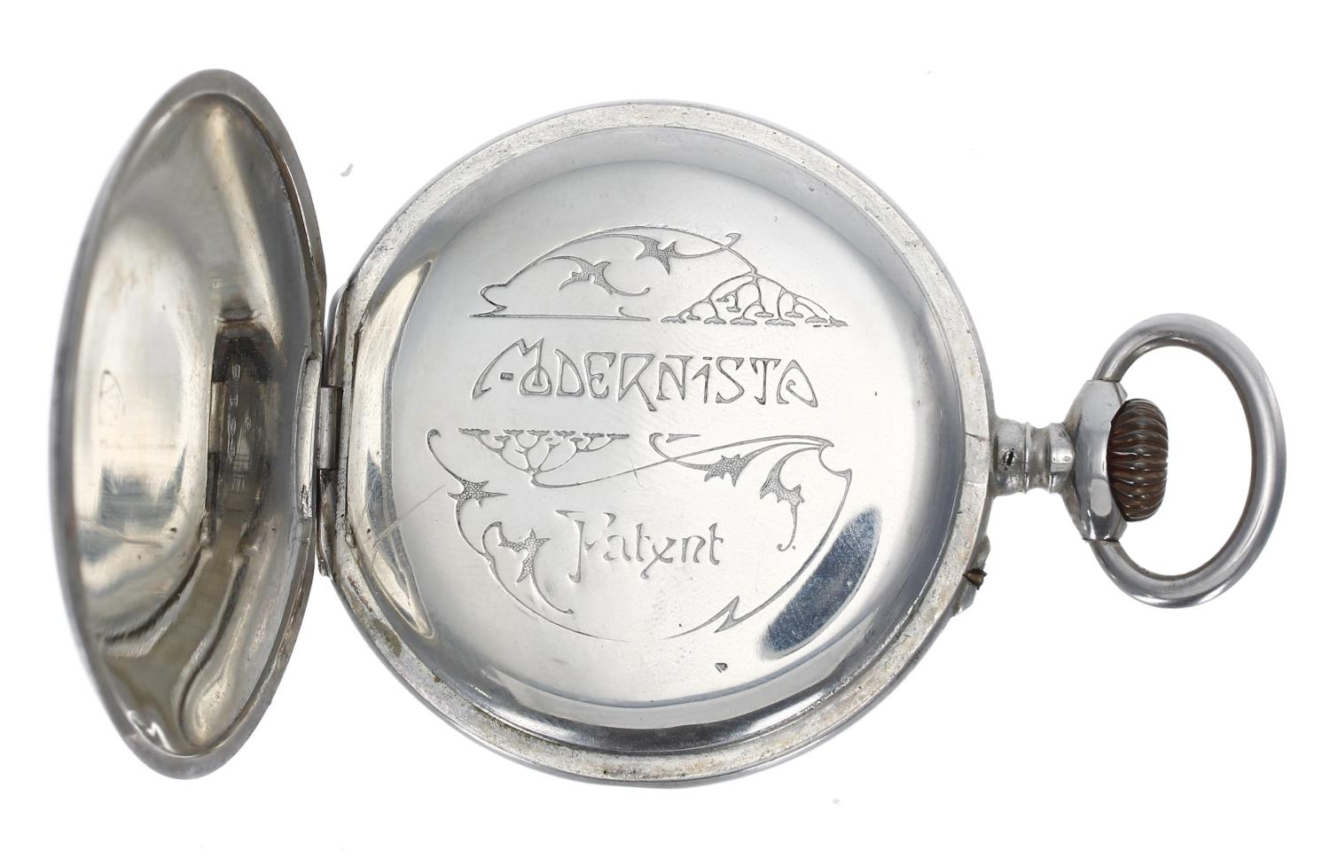 White metal 'Jump Hour' pocket watch with 'Fly Back' minutes, bar lever movement with compensated - Image 4 of 5
