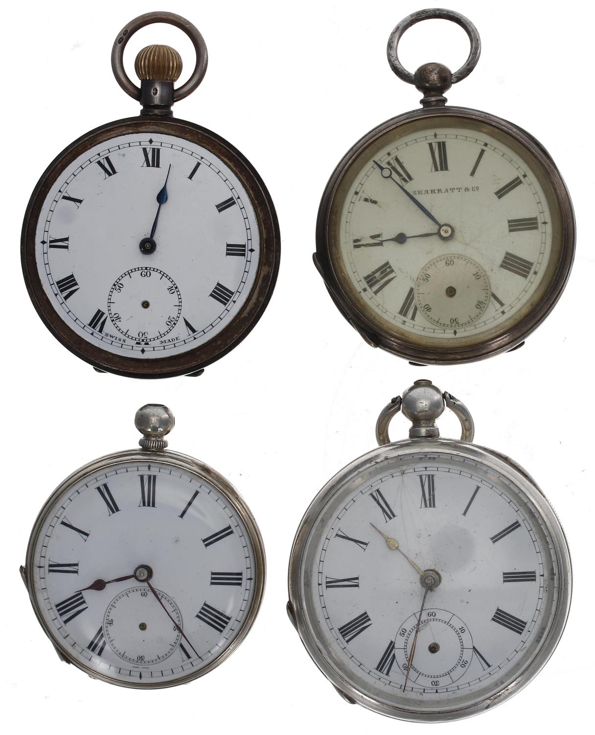 Two silver lever pocket watches (one lacking bezel and glass); together with two silver cylinder
