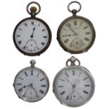 Two silver lever pocket watches (one lacking bezel and glass); together with two silver cylinder