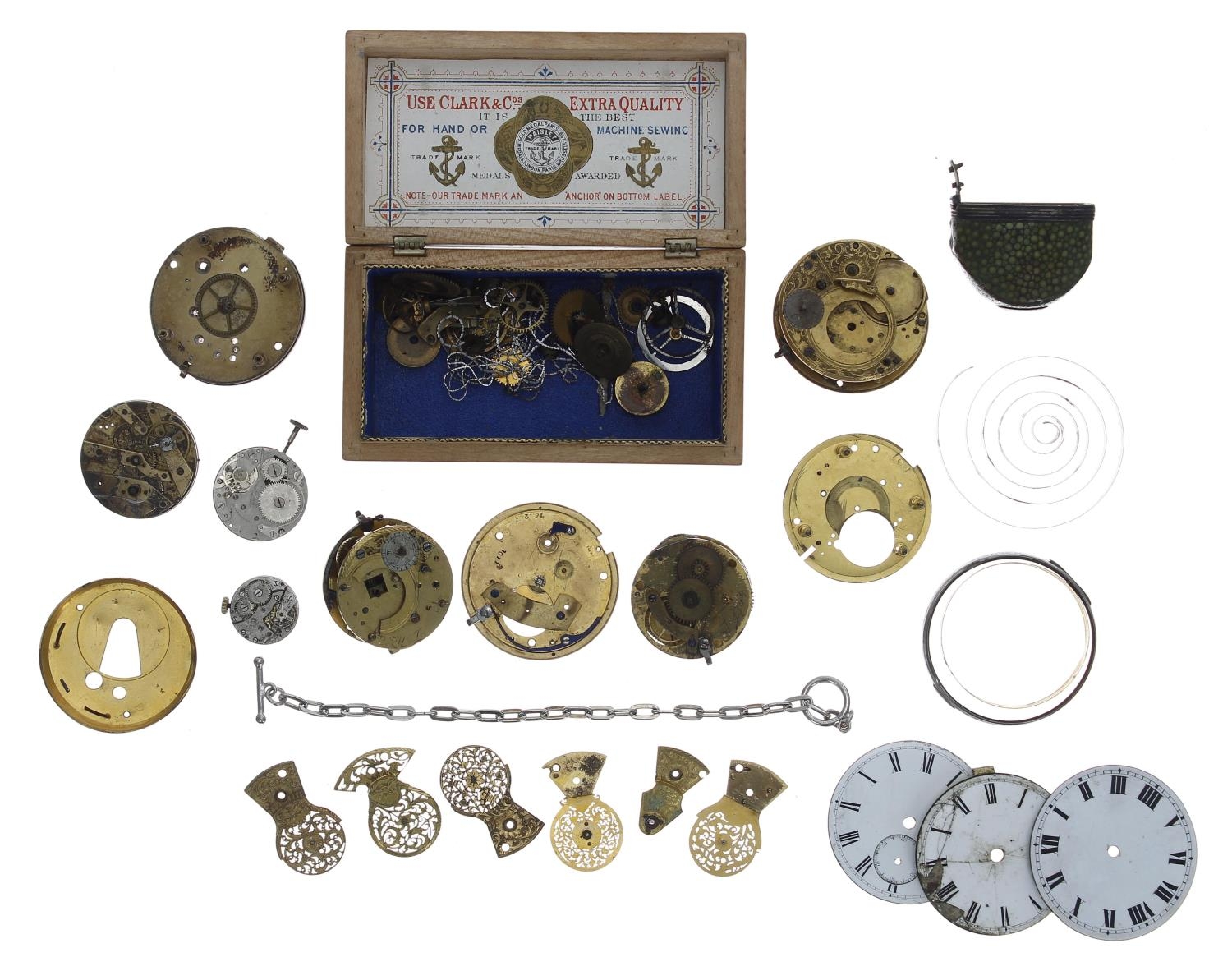 Assortment of principally pocket watch parts to include fusee chain, fusee cones, verge escapements,