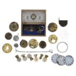 Assortment of principally pocket watch parts to include fusee chain, fusee cones, verge escapements,