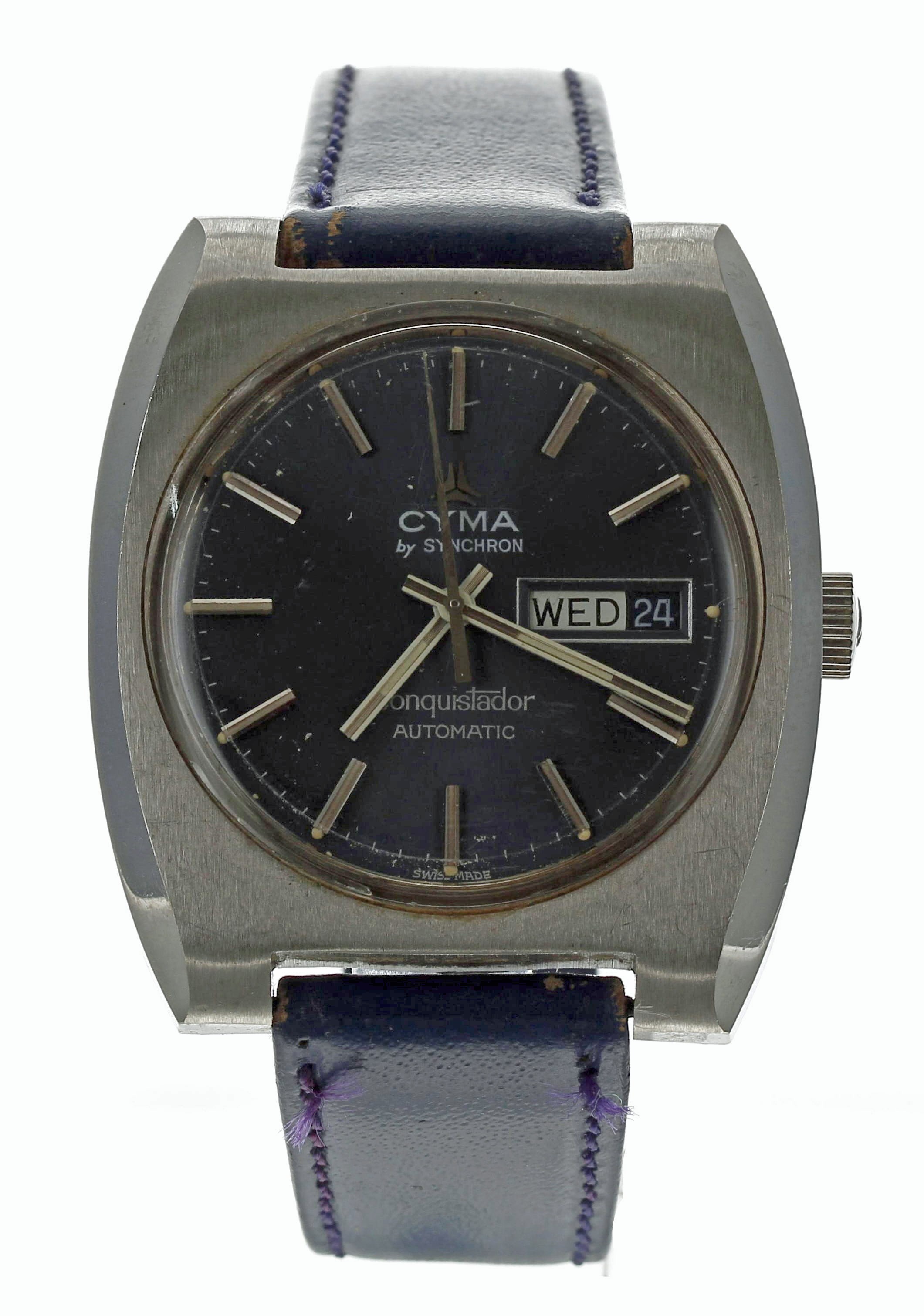 Cyma by Synchron Conquistador automatic stainless steel gentleman's wristwatch, circular blue