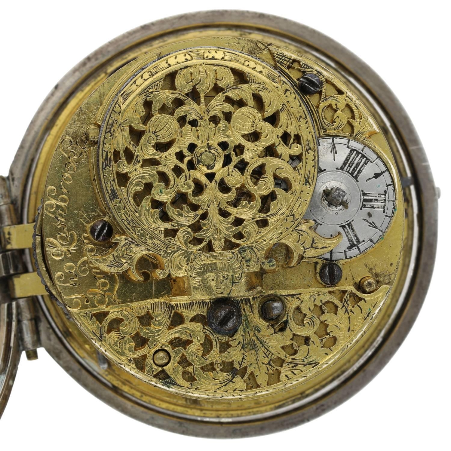 Thomas Lashbrook, London - English early 18th century silver pair cased verge pocket watch, circa - Image 7 of 11