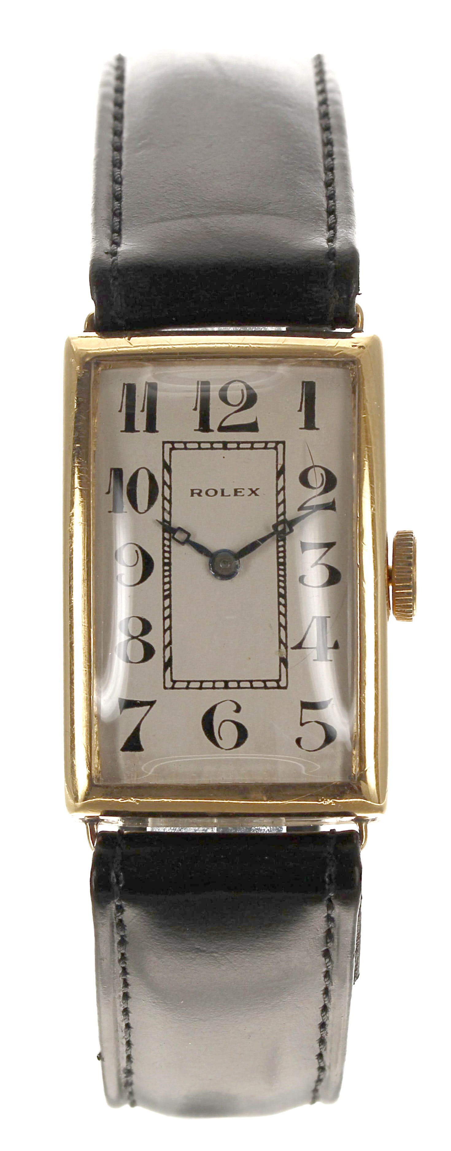 Rolex 1930s 18ct rectangular wire-lug gentleman's wristwatch, case no. 81318, rectangular silvered