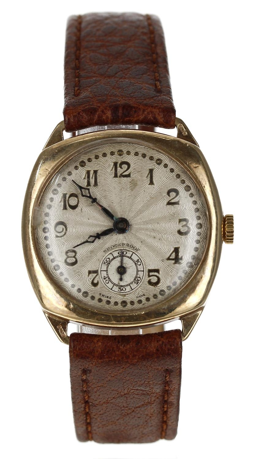 9ct cushion cased gentleman's wristwatch, Birmingham 1936, circular silvered guilloche dial with