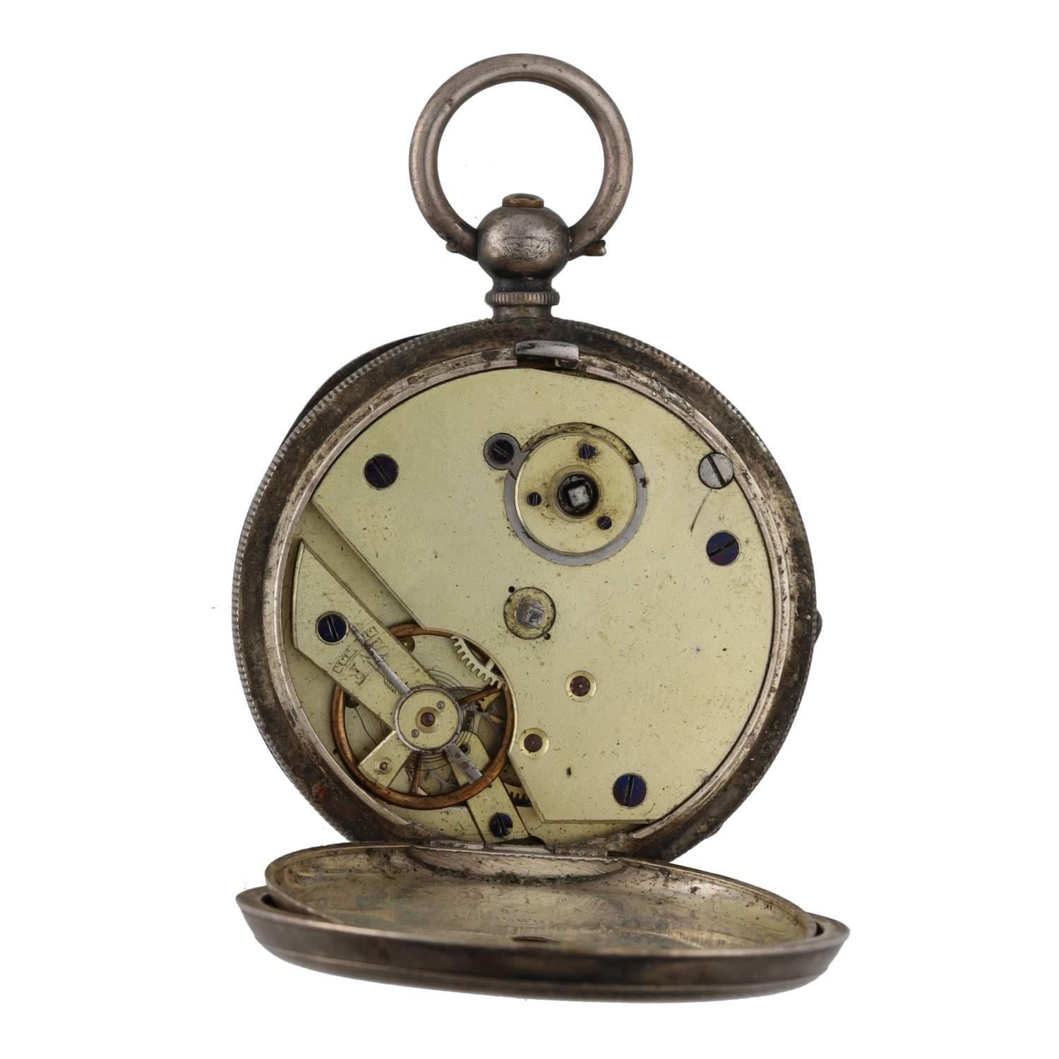 John Myers & Co. - silver (0.935) cylinder engine turned pocket watch, inscribed hinged cuvette, - Image 2 of 3