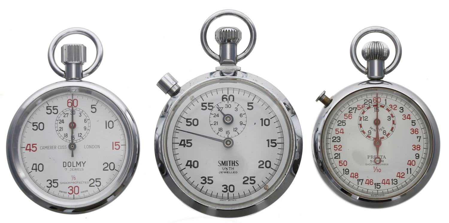 Presta Super 1/10th second chrome cased pocket stop watch, 50mm; together with a Dolmy 1/5th