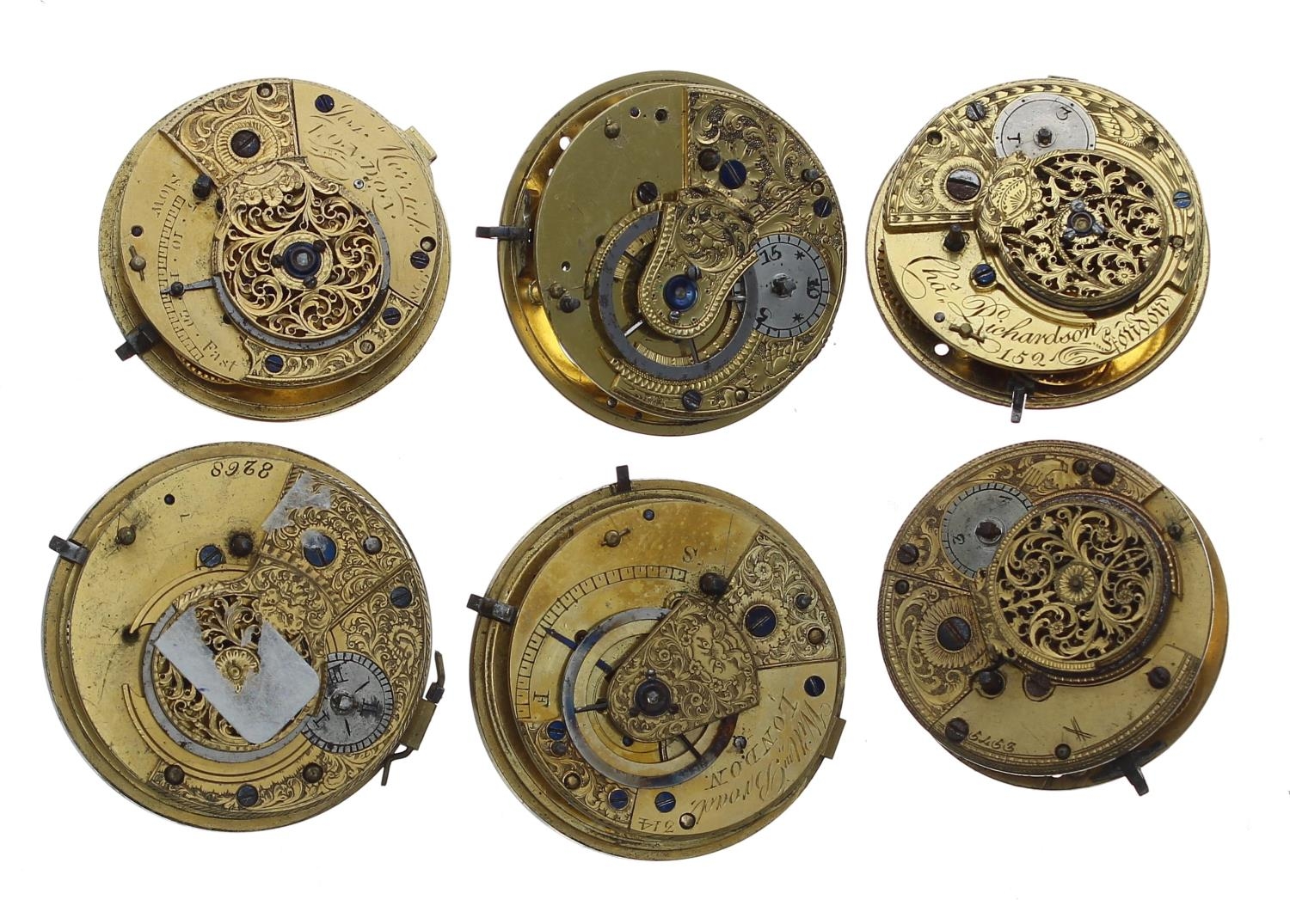 Six fusee verge pocket watch movements, including makers Josh Merrick, London; William Broad,