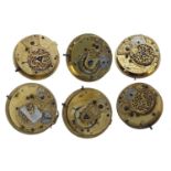 Six fusee verge pocket watch movements, including makers Josh Merrick, London; William Broad,