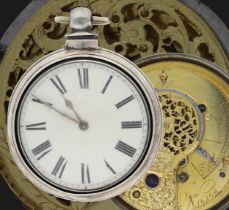 English 19th century silver pair cased verge pocket watch, London 1848, unsigned fusee movement, no.