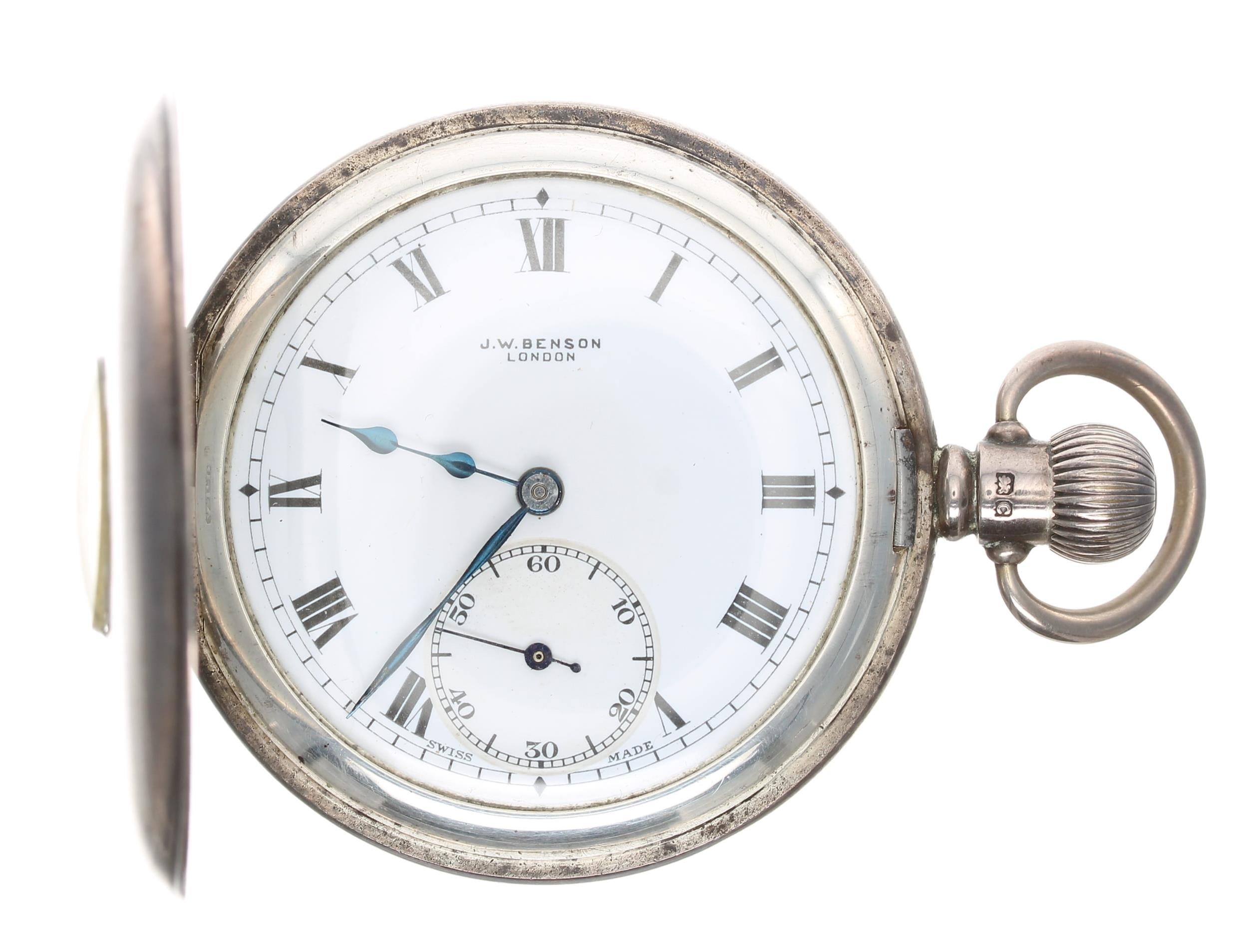 J.W. Benson - silver lever half hunter pocket watch, Birmingham 1928, signed 17 jewel movement, - Image 2 of 5