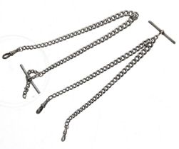Two similar silver curb link watch Albert chains, each with T-bars, 56.5gm, both 12" long approx (2)