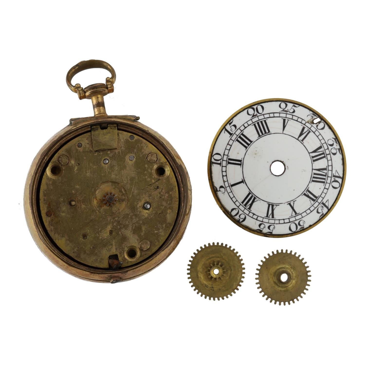 Pink, London - English 18th century gilt metal verge repousse pair cased pocket watch for repair, - Image 3 of 3