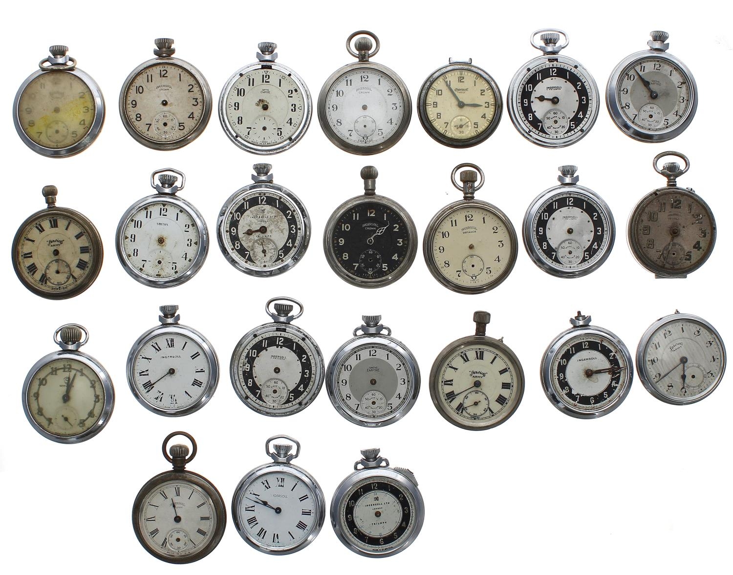 Quantity of Ingersoll, Smiths and Services chrome cased pocket watches for repair/spares