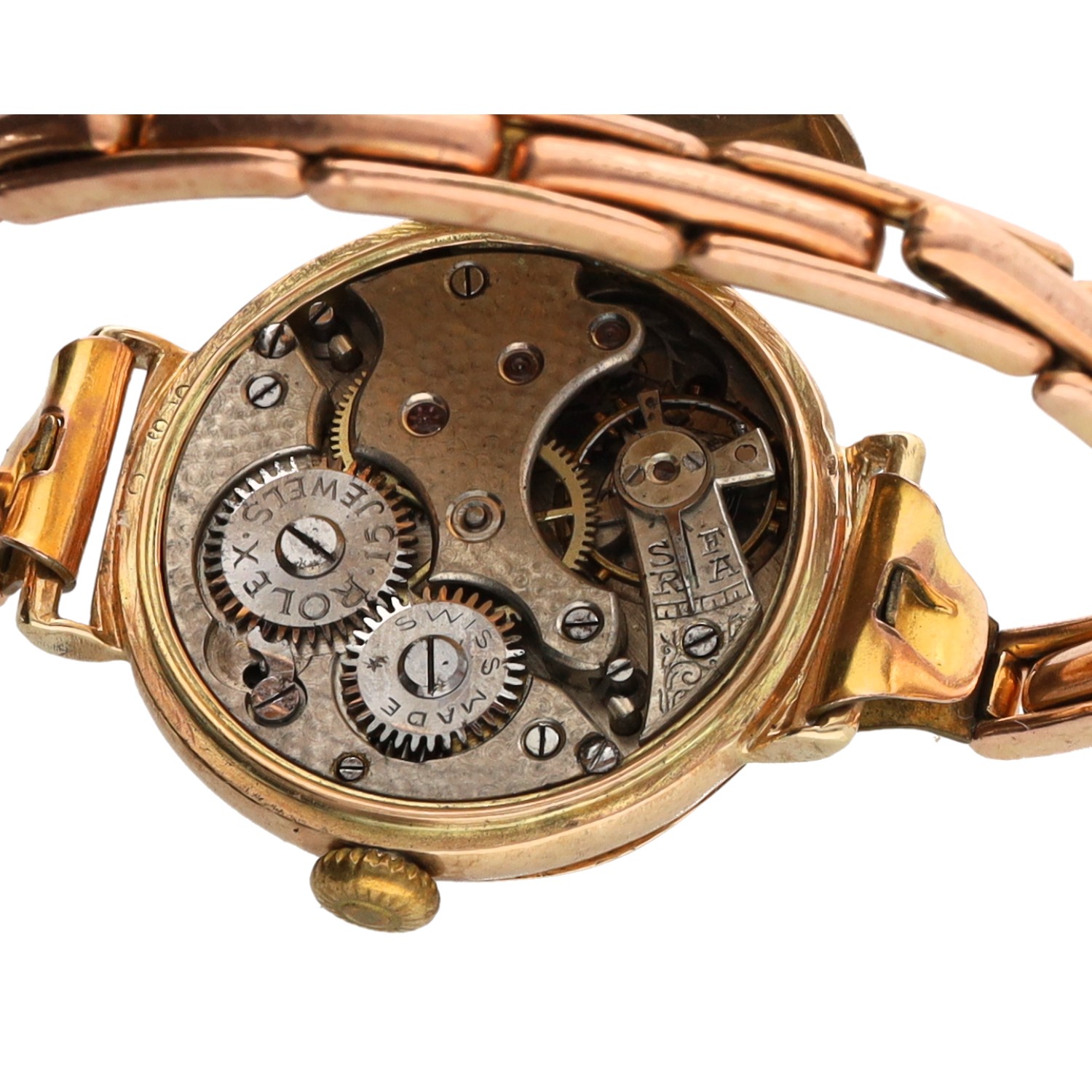 Rolex 9ct lady's wristwatch, Birmingham 1916, circular two-tone dial with Roman numerals, red twelve - Image 3 of 4