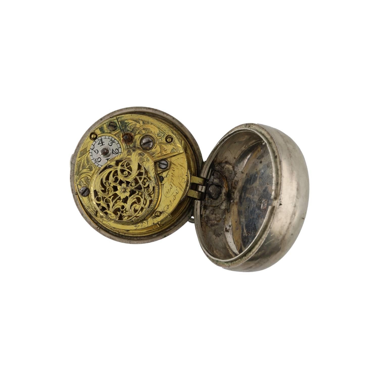 Mid-19th century silver verge pair cased pocket watch for repair, maker F. Moore, London, Roman - Image 4 of 4